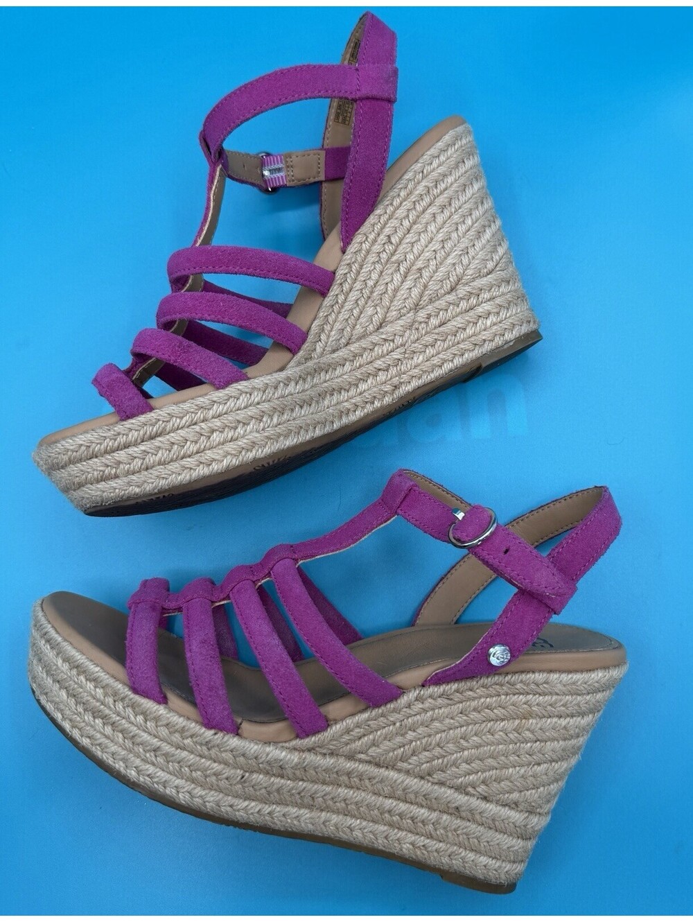 UGG Cressida Vibrant Purple Suede Strappy Sandals Jute Wrapped Wedge Heel Size 7